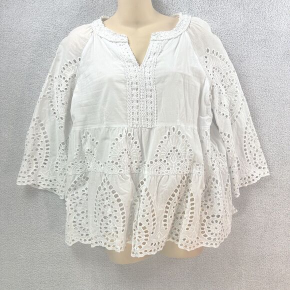 John Mark White Ruffle Eyelet Blouse Womens Medium Top Cottagecore Coastal Boho - Picture 1 of 8